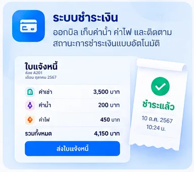 ใบแจ้งหนี้ค่าเช่าใน Room Dee แยกค่าเช่า ค่าน้ำ ค่าไฟ พร้อมยอดรวม และใบเสร็จสถานะชำระแล้ว